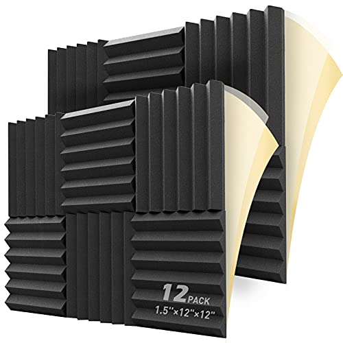 LEIYER 12 Pack Self-adhesive Sound Proof Foam Panels, 1.5' X 12' X 12', Acoustic Foam Panels with High Density,Soundproof Foam Panels for Decreasing Noise and Echoes, Studio Foam for Indoor (Black)…