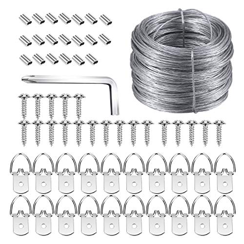 Picture Hanging Kit, Listenman D Ring Picture Hangers with Screws, Picture Hanging Wire(100 Feet) and Aluminum Sleeves, Supports up to 30 lb, Included Screwdriver